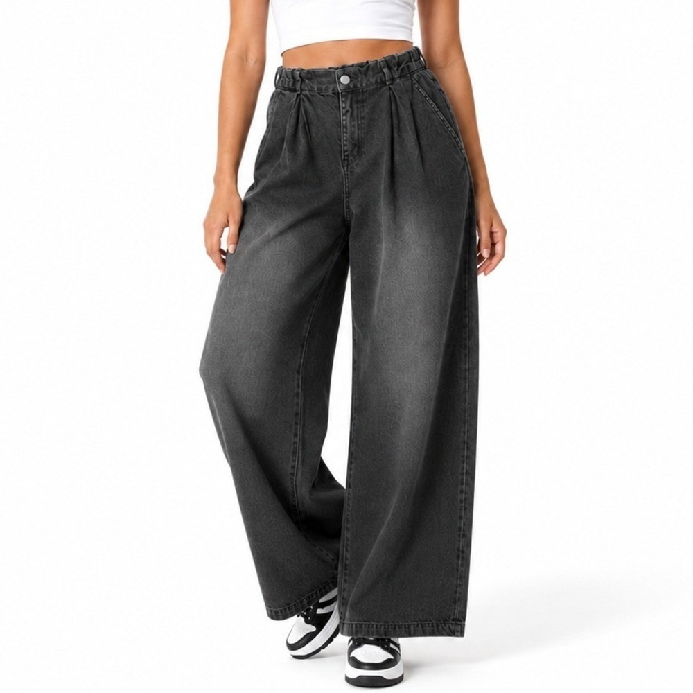 Tapata Wide Leg Jeans Women Large Washed Black Pleated High Rise Relaxed Grunge